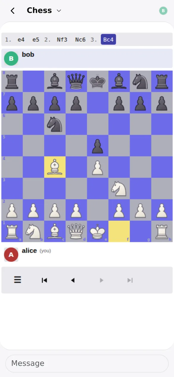 A chess game in progress between two friends, with the move list above the board