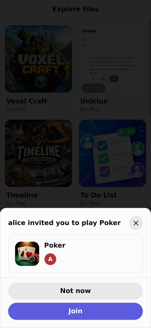 An invite screen reading: alice invited you to play Poker