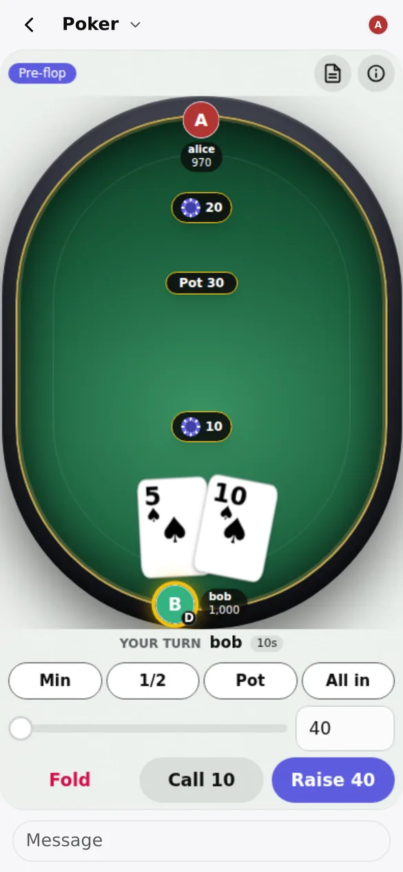 A poker hand on your turn, showing hole cards and fold, call, and raise buttons