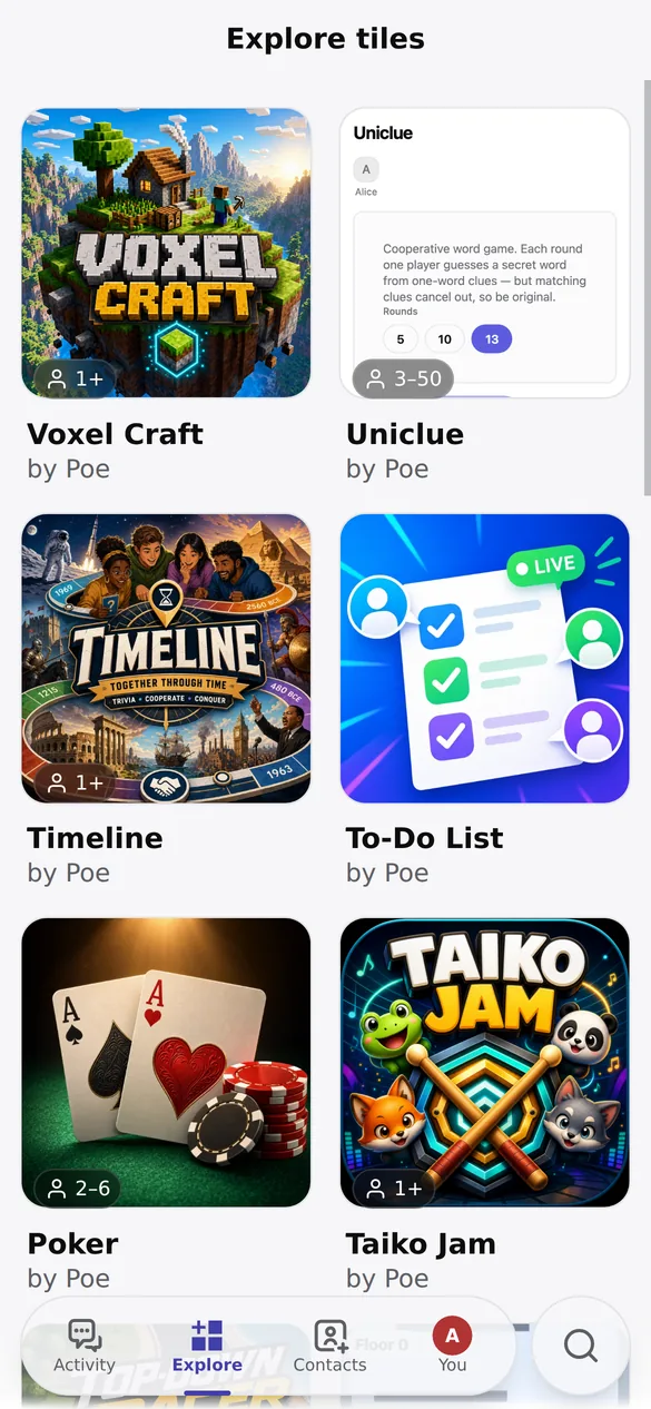 The Poe Tiles shelf: a grid of games including Voxel Craft, Timeline, Poker, and Taiko Jam