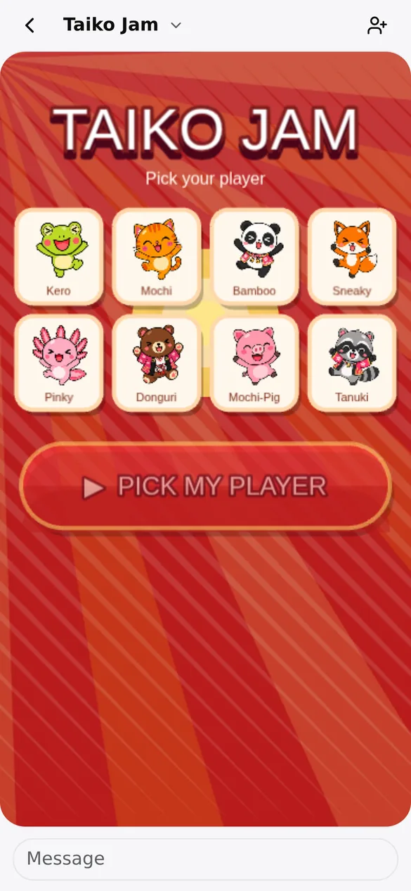 Taiko Jam character select with eight cartoon animal drummers